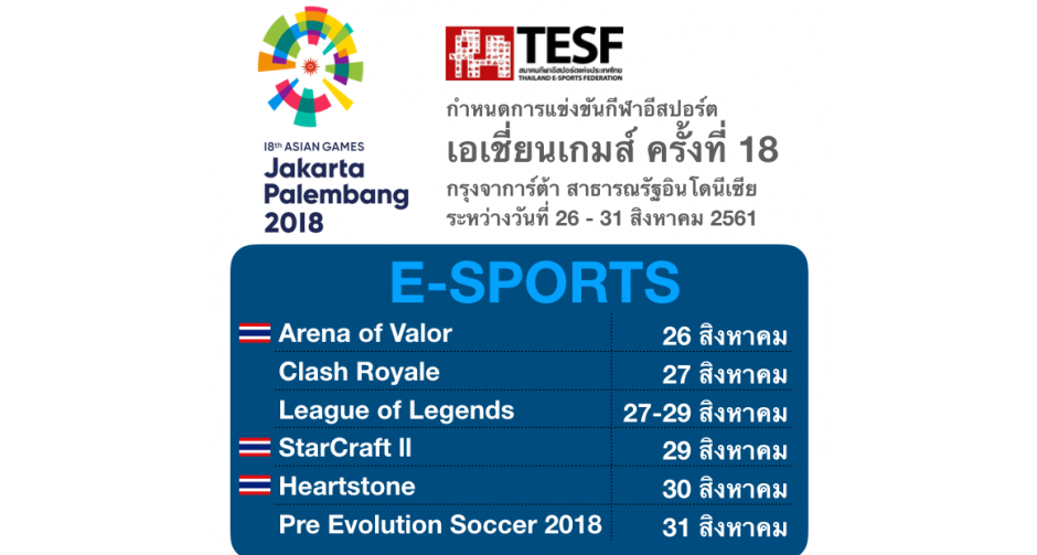 ตารางกำหนดการแข่งขัน E-Sport ใน เอเชี่ยนเกมส์ 2018 ณ กรุงจาการ์ต้า