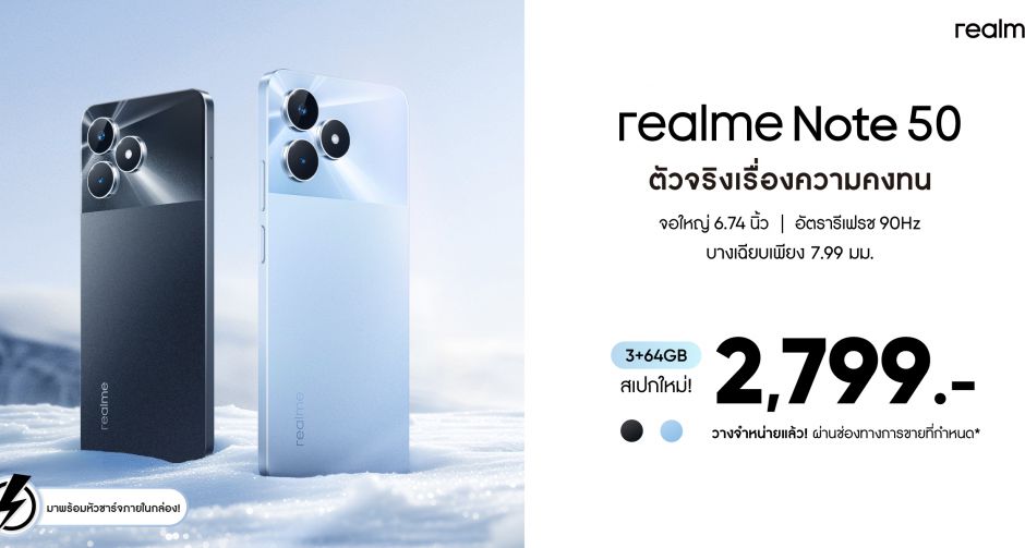 realme Note 50 ส่งหน่วยความจุใหม่ คุ้มค่ากว่าเดิม! เอาใจสายบัดเจ็ตที่เน้นคุณภาพในราคาใหม่เพียง 2,799 บาท 